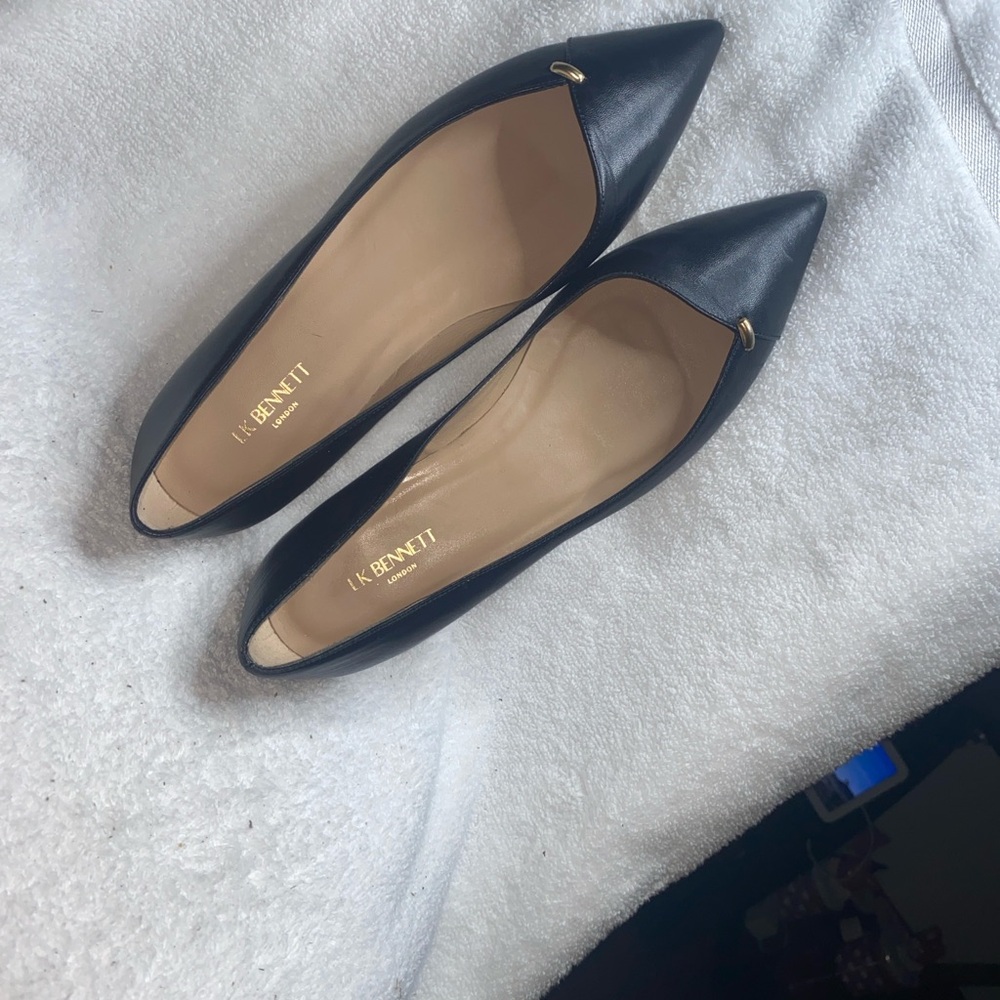 LK Bennett Black Leather Pointed Ballet Flats with Gold Accent - Picture 2 of 8